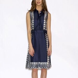 Tory Burch Women’s Navy Geometric Print Sleeveless Pleated Silk Midi Dress Sz 2